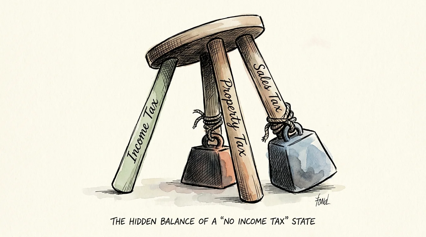 An ink and watercolor illustration of a three-legged stool labeled Income Tax, Property Tax, and Sales Tax, showing an unstable imbalance.