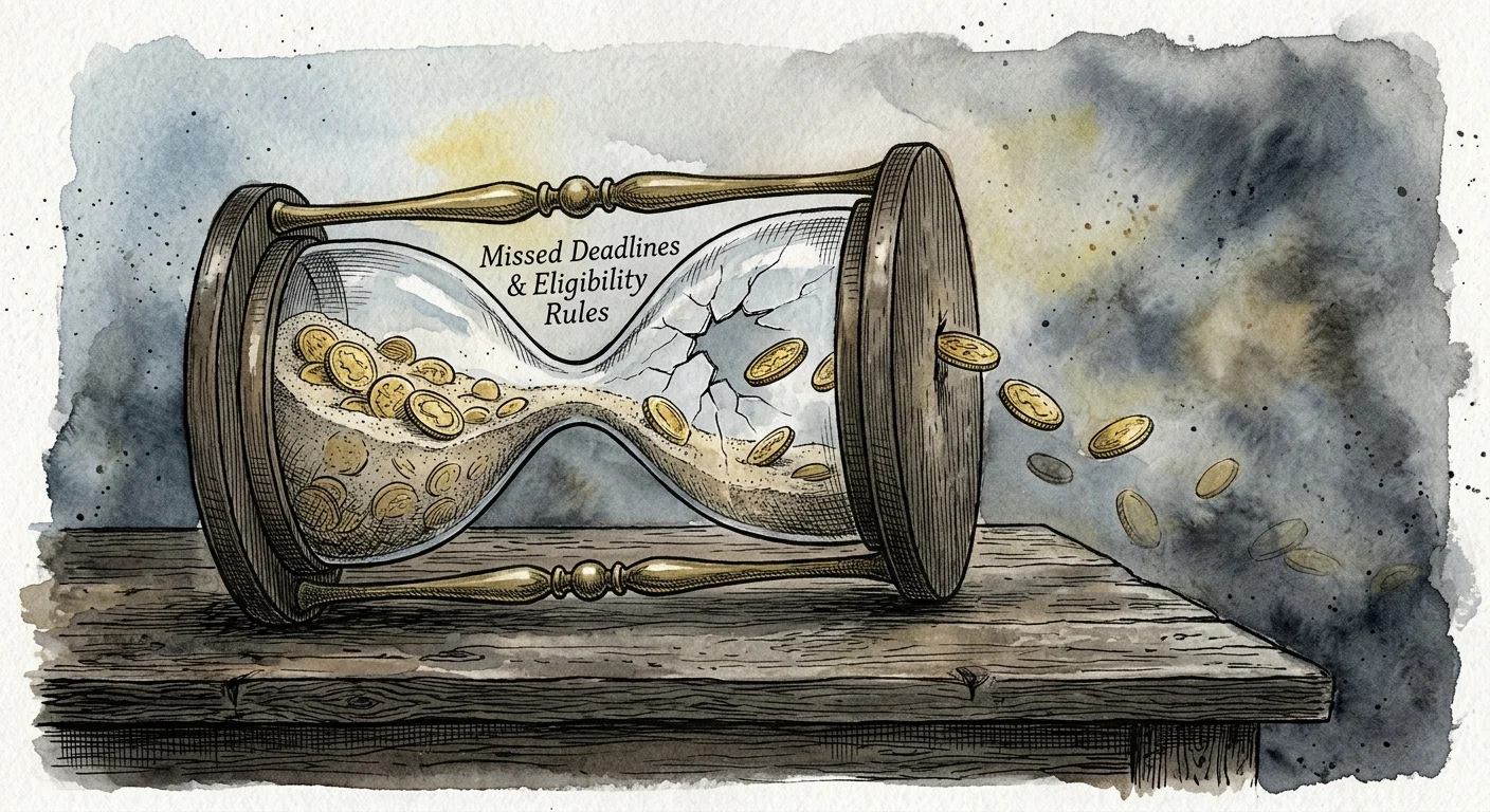 An ink and watercolor illustration of a tilted hourglass with coins slipping through a crack labeled 'Missed Deadlines & Eligibility Rules'.