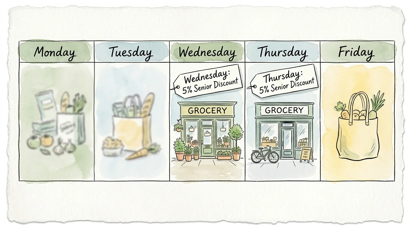 An ink and watercolor illustration of a weekly calendar highlighting senior discount days on Wednesday and Thursday.