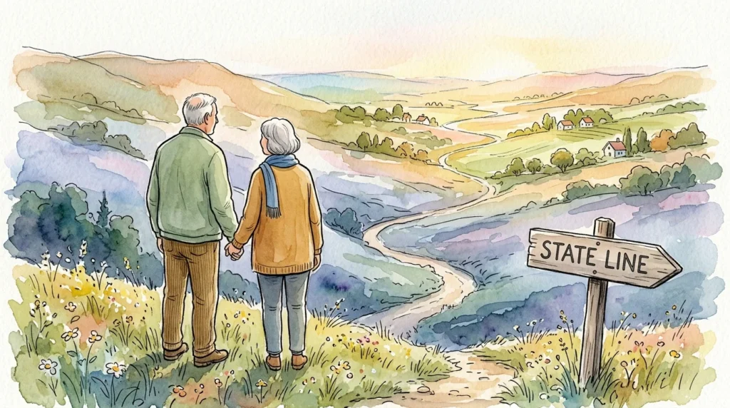 An ink and watercolor illustration of an older couple looking towards a sunny valley with a sign pointing toward a tax-friendly state line.
