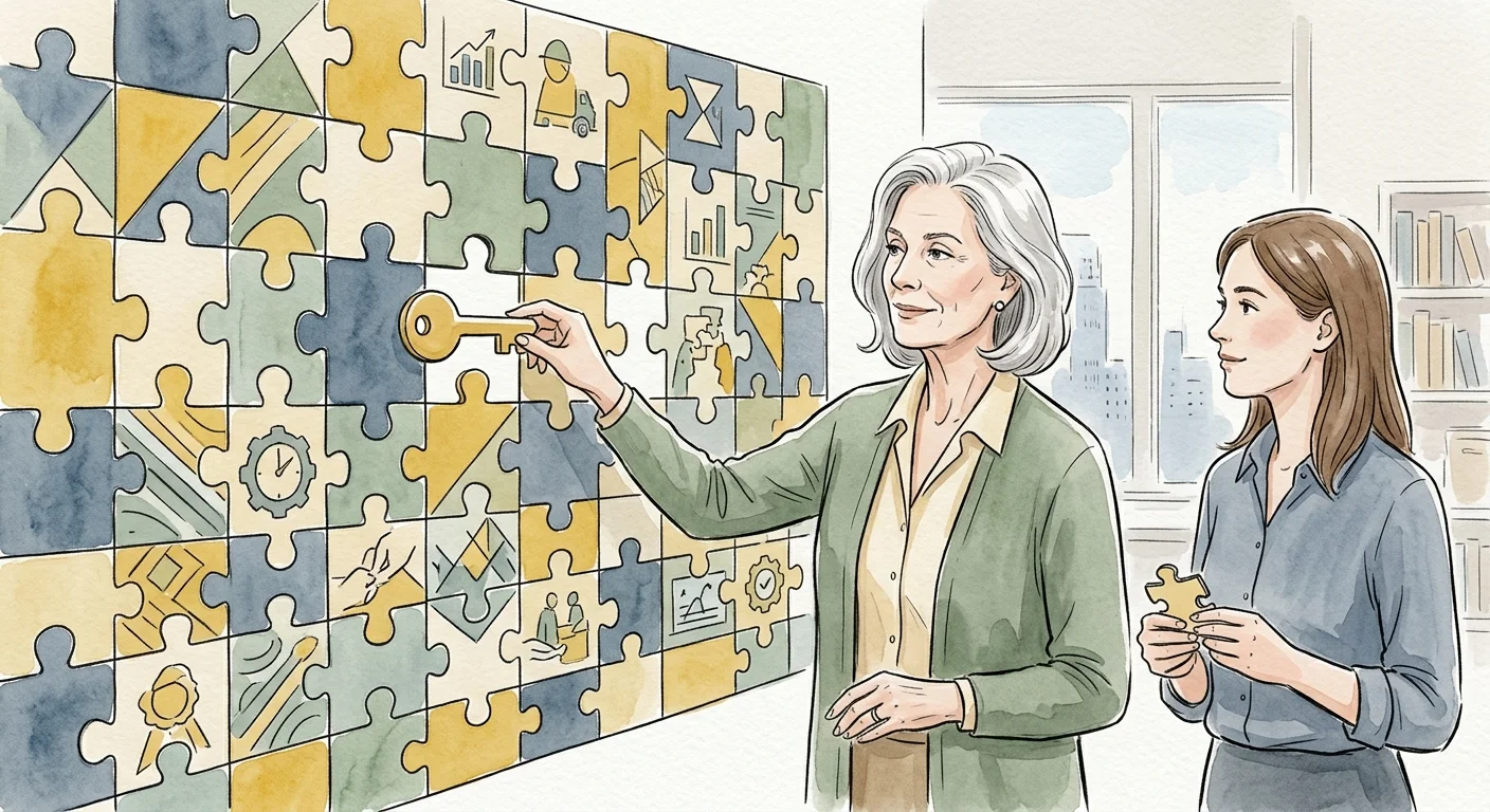 An ink and watercolor illustration of an older woman calmly organizing a colorful mosaic, symbolizing workplace experience.