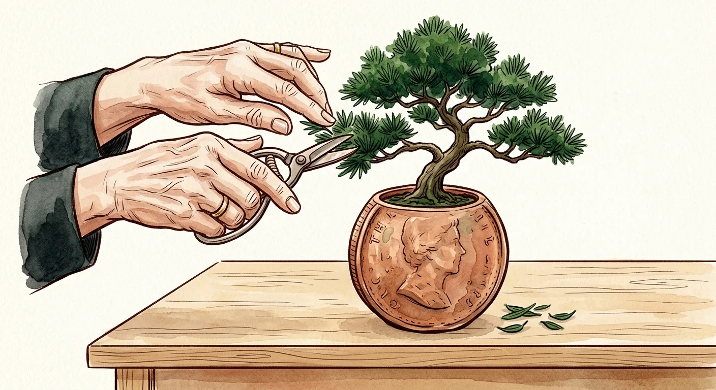 An ink and watercolor illustration of hands pruning a bonsai tree in a coin-shaped pot, symbolizing smart tax deductions.