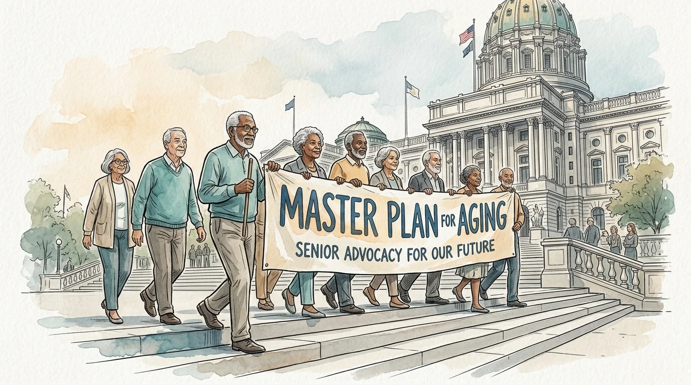 An ink and watercolor illustration of seniors walking up state capitol steps carrying a banner that reads Master Plan for Aging.