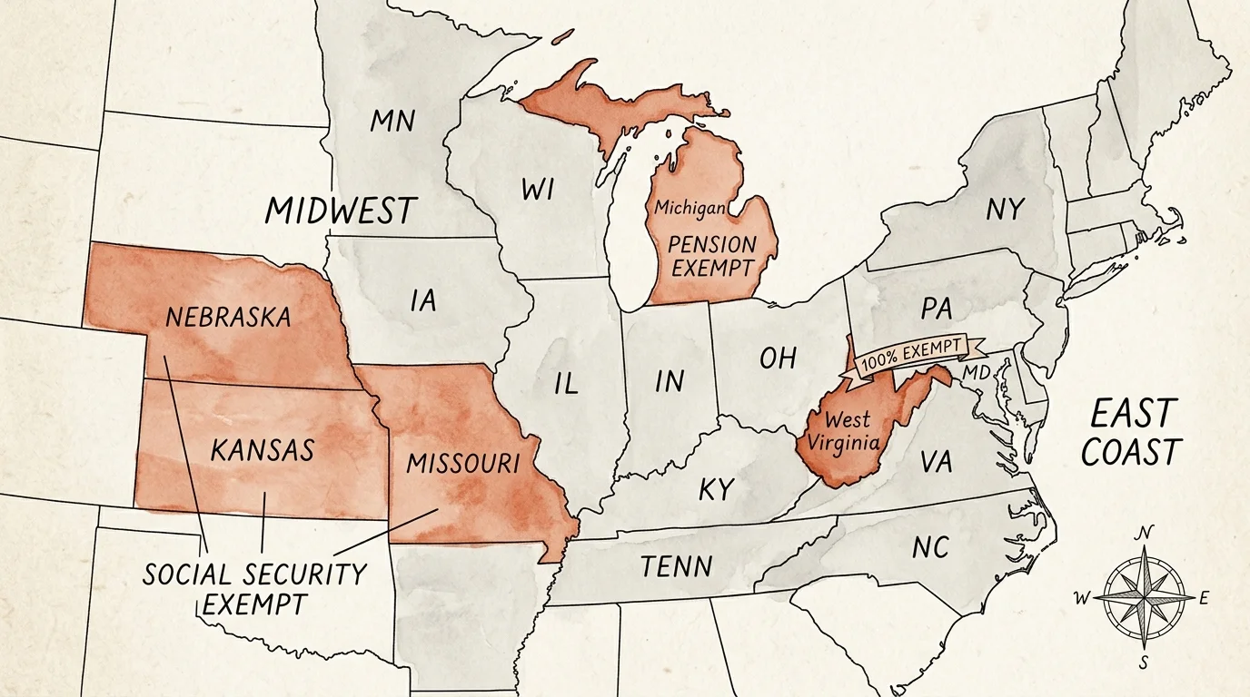 An ink and watercolor map highlighting West Virginia, Michigan, Missouri, Kansas, and Nebraska with retirement tax exemption labels.