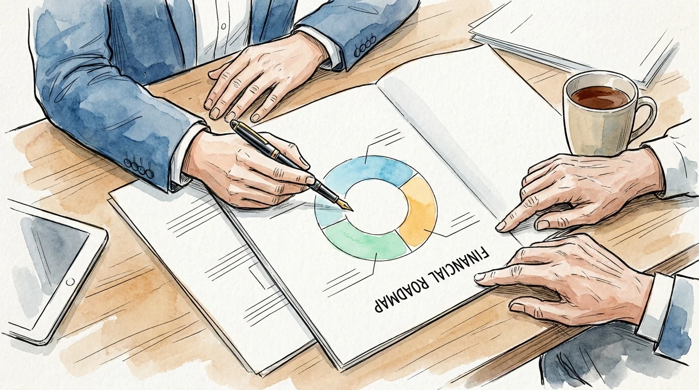 An ink and watercolor sketch of an advisor's hands guiding an older client through a colorful financial roadmap.