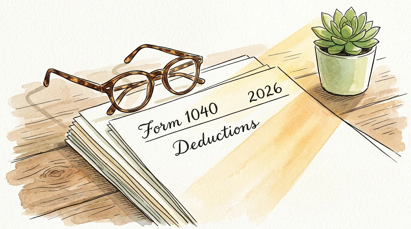 An ink and watercolor still life of reading glasses on tax documents illuminated by a warm beam of sun.