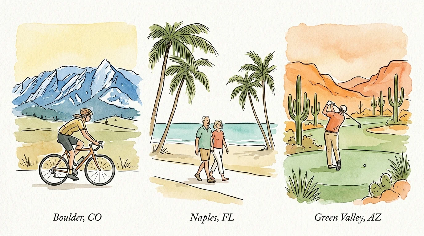 An ink and watercolor triptych illustrating Boulder, Naples, and Green Valley as active retirement destinations.