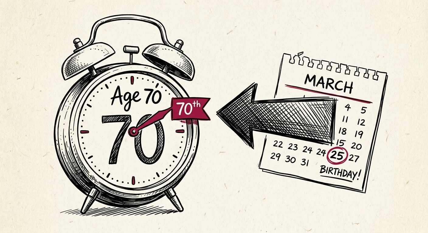 An ink sketch of an alarm clock showing Age 70 on its face, with a red warning flag pointing to the 70th birthday.