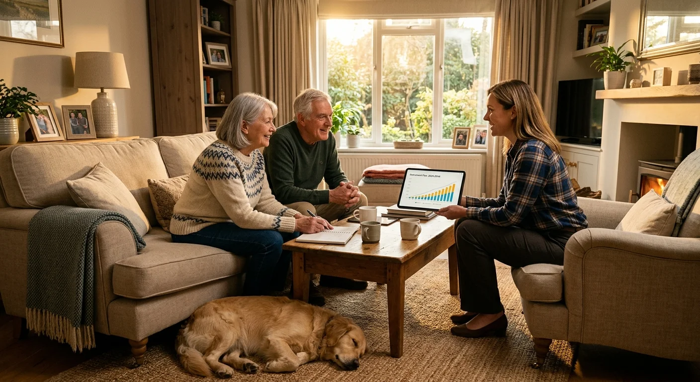 An older couple casually chatting with a financial advisor in their sunlit living room while looking at a tablet screen.