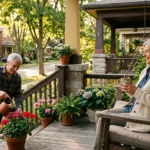 An older couple enjoying late afternoon on their craftsman home porch in a leafy, quiet mid-sized city neighborhood.