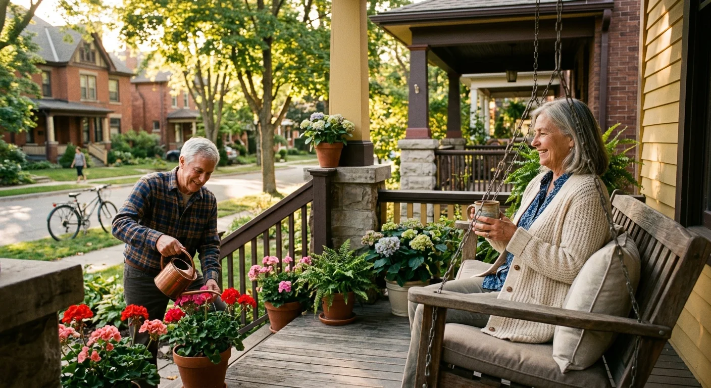 An older couple enjoying late afternoon on their craftsman home porch in a leafy, quiet mid-sized city neighborhood.