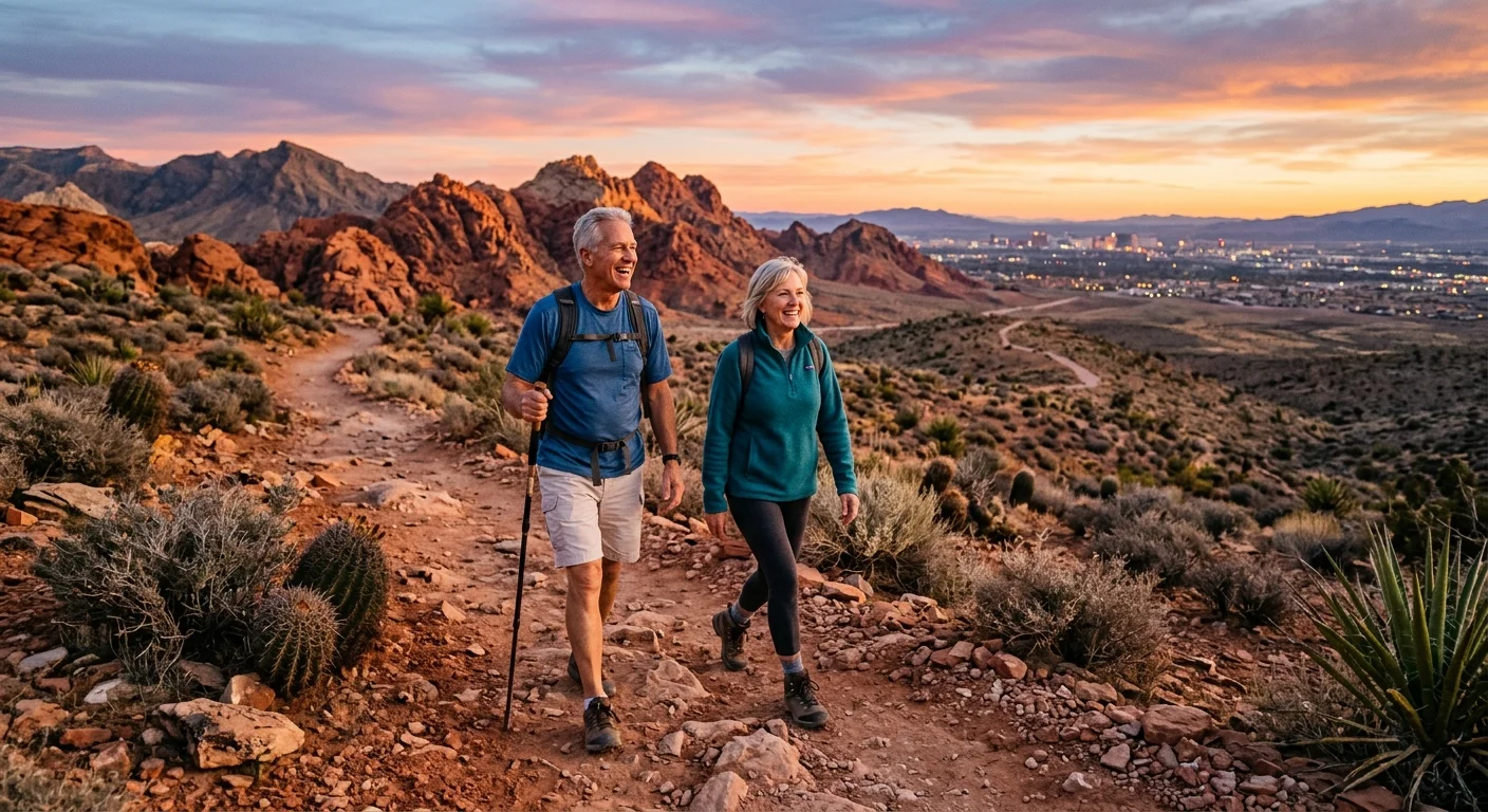 An older couple hikes a scenic desert trail in Henderson, Nevada, against a dramatic backdrop of red rocks and a brilliant sunset sky.