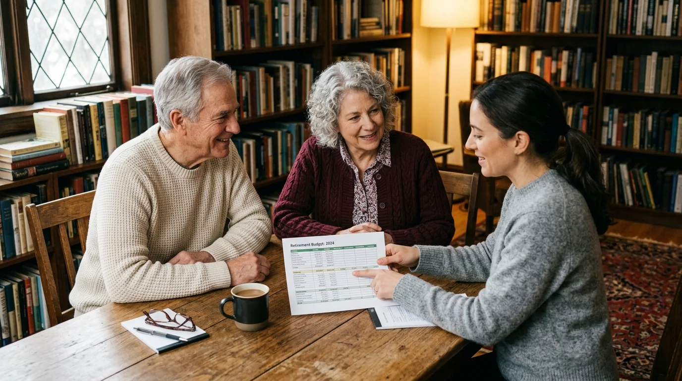An older couple in a cozy library talks with a casually dressed financial advisor pointing at a spreadsheet.