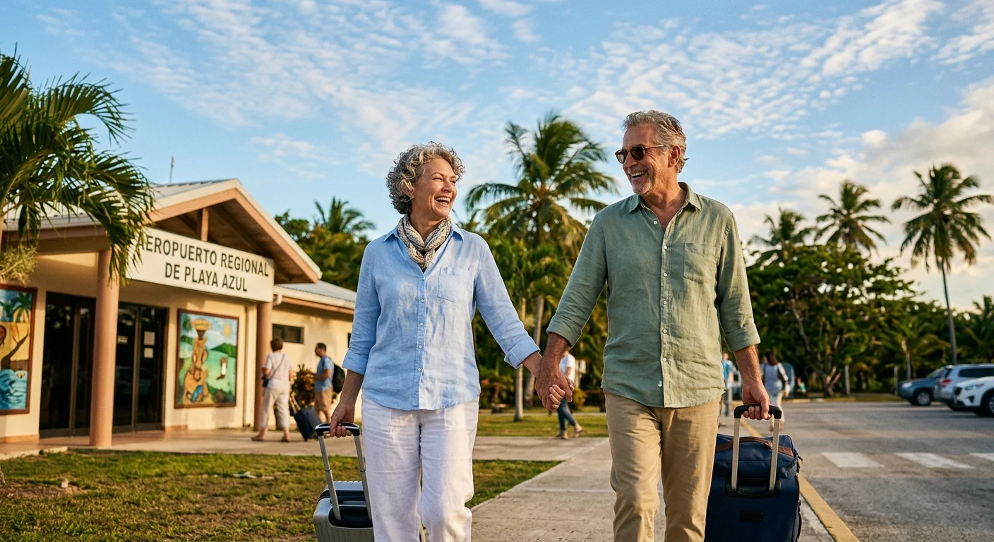 An older couple in light linen clothing walking with suitcases outside a sunny regional airport surrounded by palm trees.