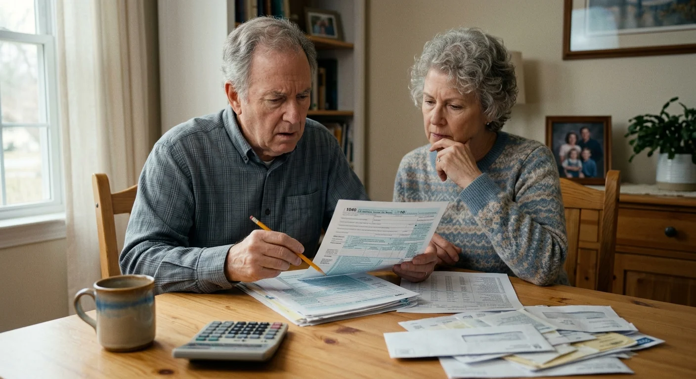 An older couple looking concerned while reviewing tax forms and financial documents together at their dining room table.