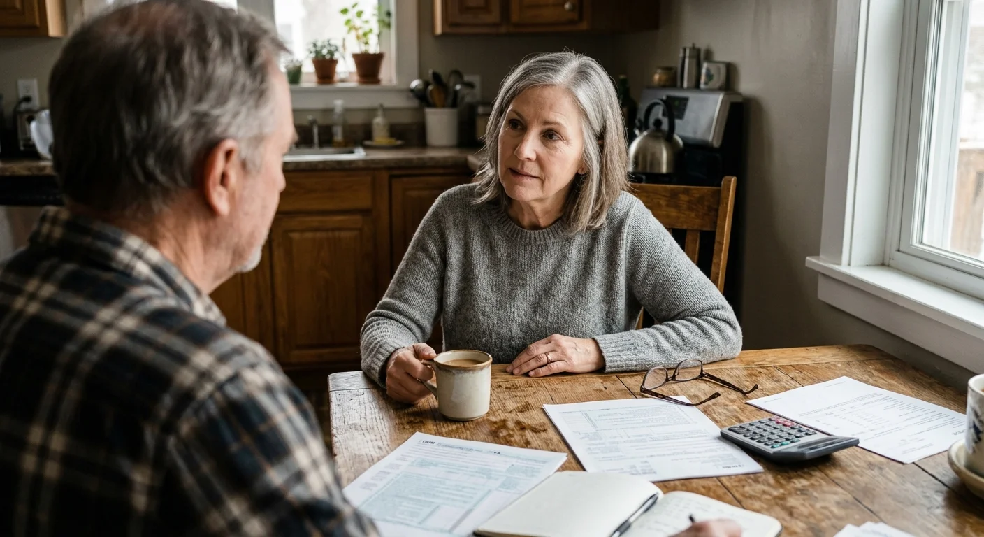 An older couple reviewing papers together at their wooden kitchen table in soft morning light.