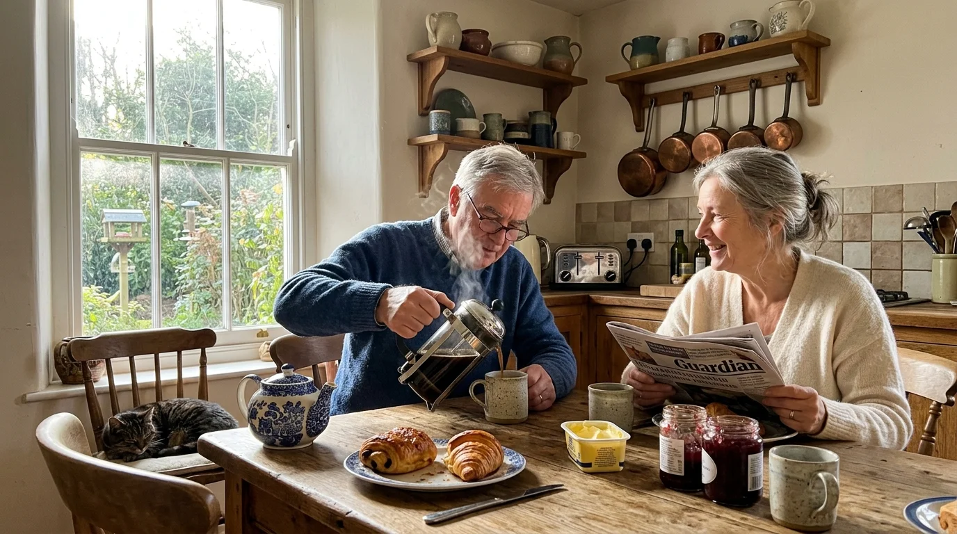 An older couple sharing a warm, authentic morning in their kitchen, pouring coffee and smiling.