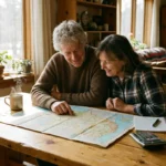 An older couple sitting at a wooden kitchen table, looking over a map and planning their retirement finances in warm morning light.