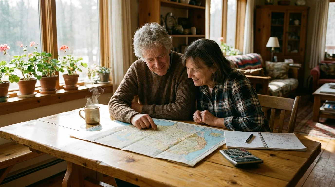 An older couple sitting at a wooden kitchen table, looking over a map and planning their retirement finances in warm morning light.