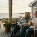 An older couple sitting on a coastal porch at golden hour, enjoying a peaceful moment together.
