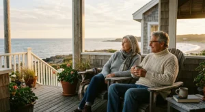 An older couple sitting on a coastal porch at golden hour, enjoying a peaceful moment together.