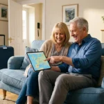 An older couple sitting on a sofa in a sunny living room, smiling as they look at a tablet together to plan a trip.