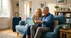 An older couple sitting on a sofa in a sunny living room, smiling as they look at a tablet together to plan a trip.
