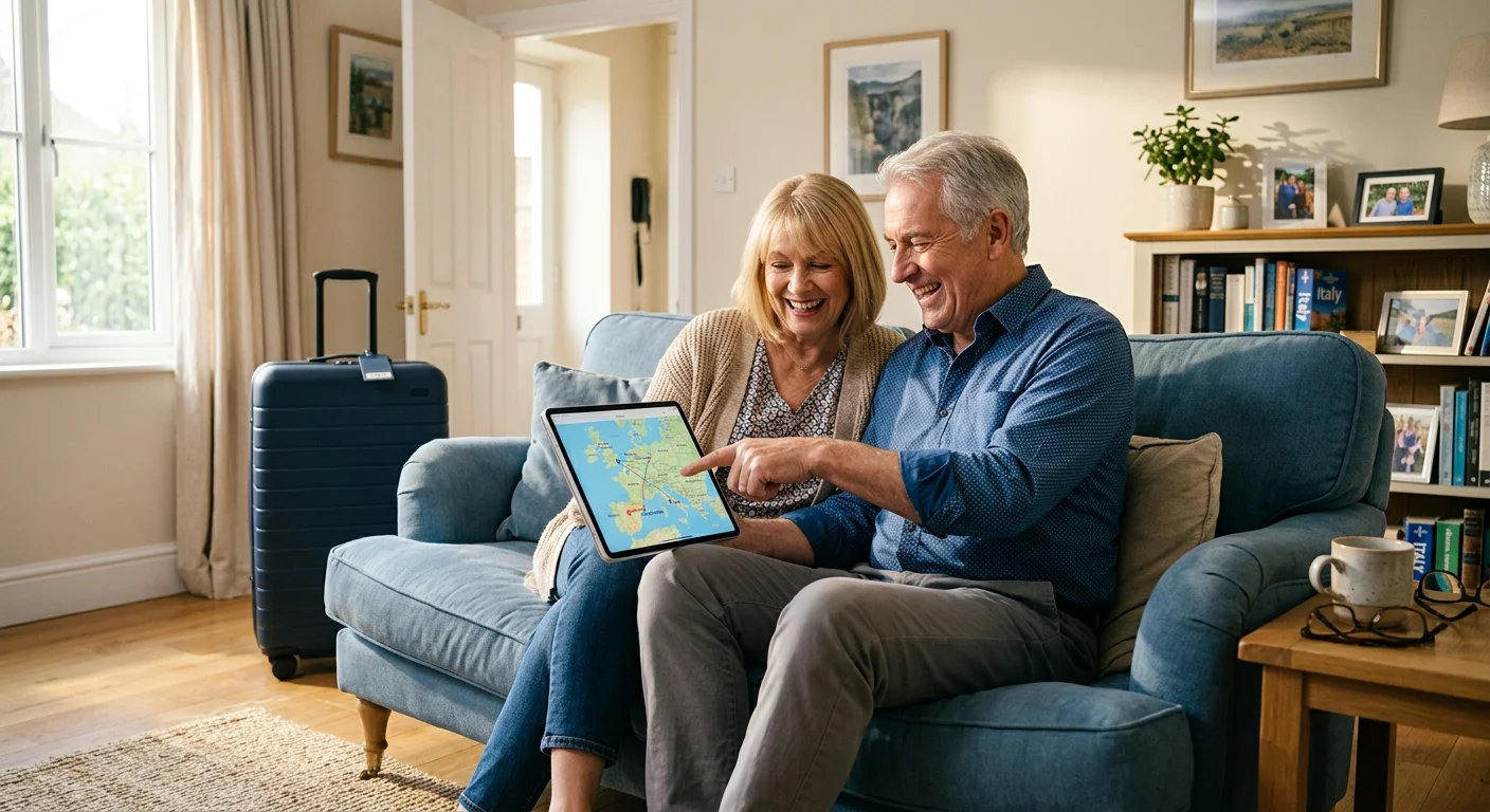 An older couple sitting on a sofa in a sunny living room, smiling as they look at a tablet together to plan a trip.