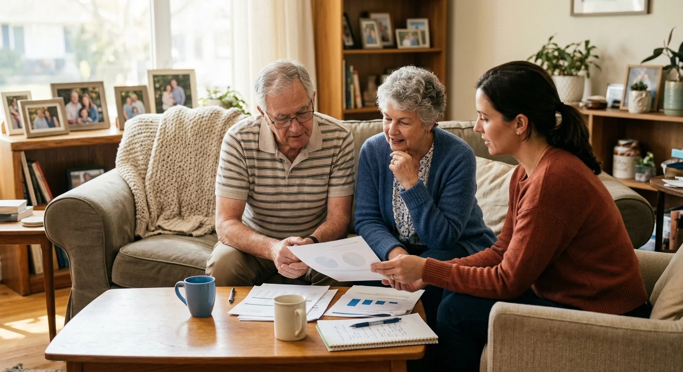 An older couple sitting on their living room sofa reviewing paperwork with a casually dressed financial advisor in a warm, sunny room.