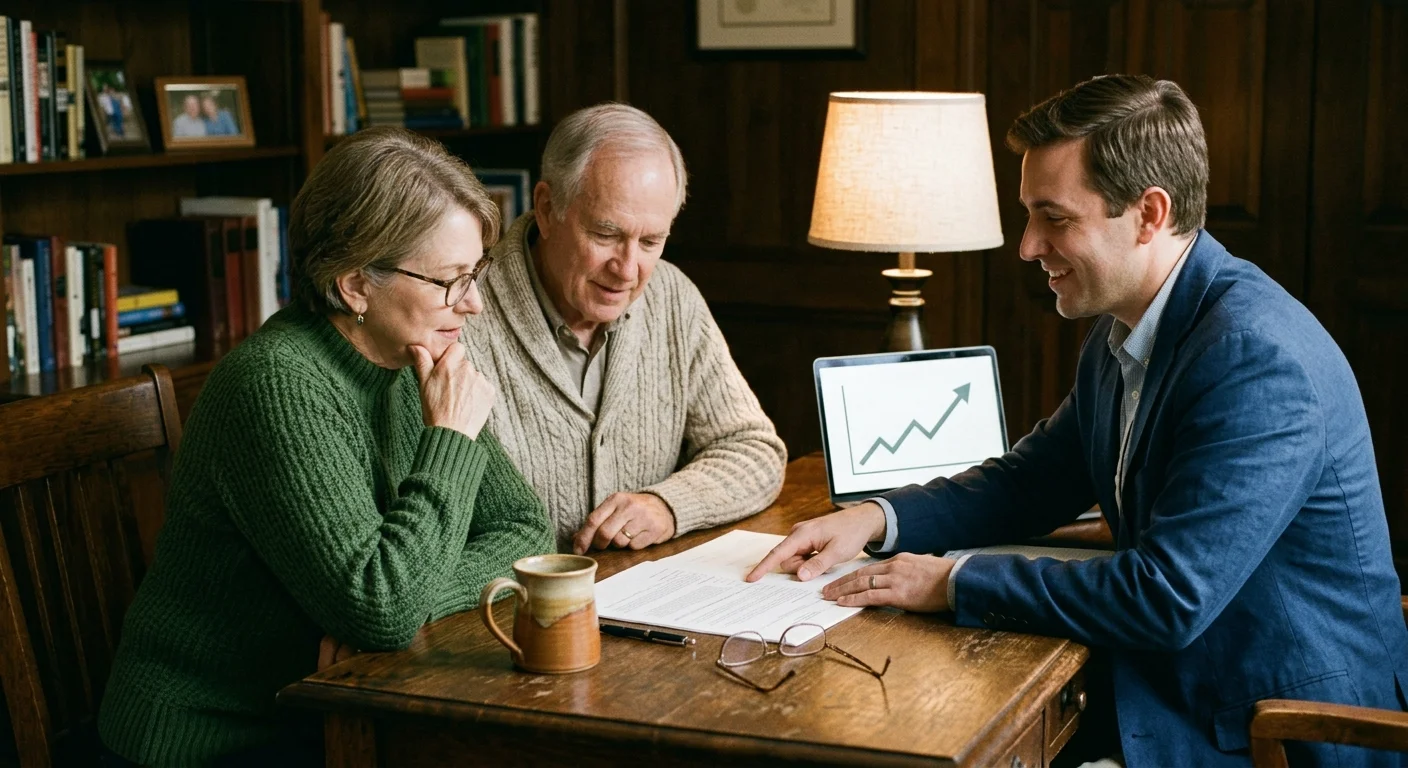 An older couple sitting with a friendly financial advisor at a home desk, looking over papers in a warm study.