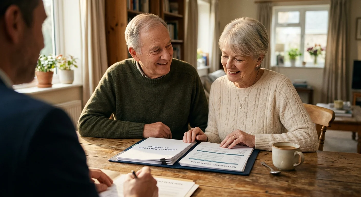 An older couple smiles with relief while discussing financial paperwork at their kitchen table with an advisor.