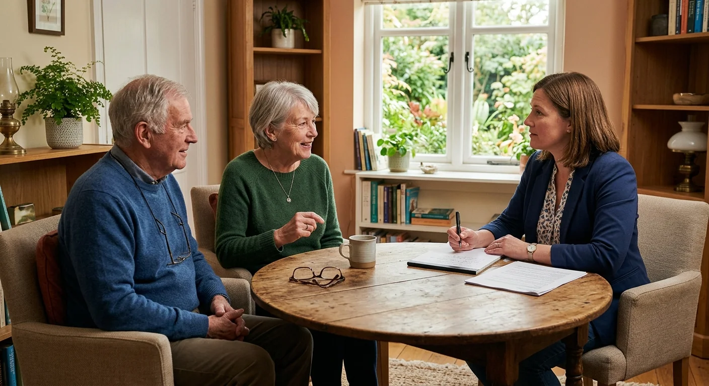 An older couple speaks with a tax advisor at a round wooden table in a warm, welcoming office.