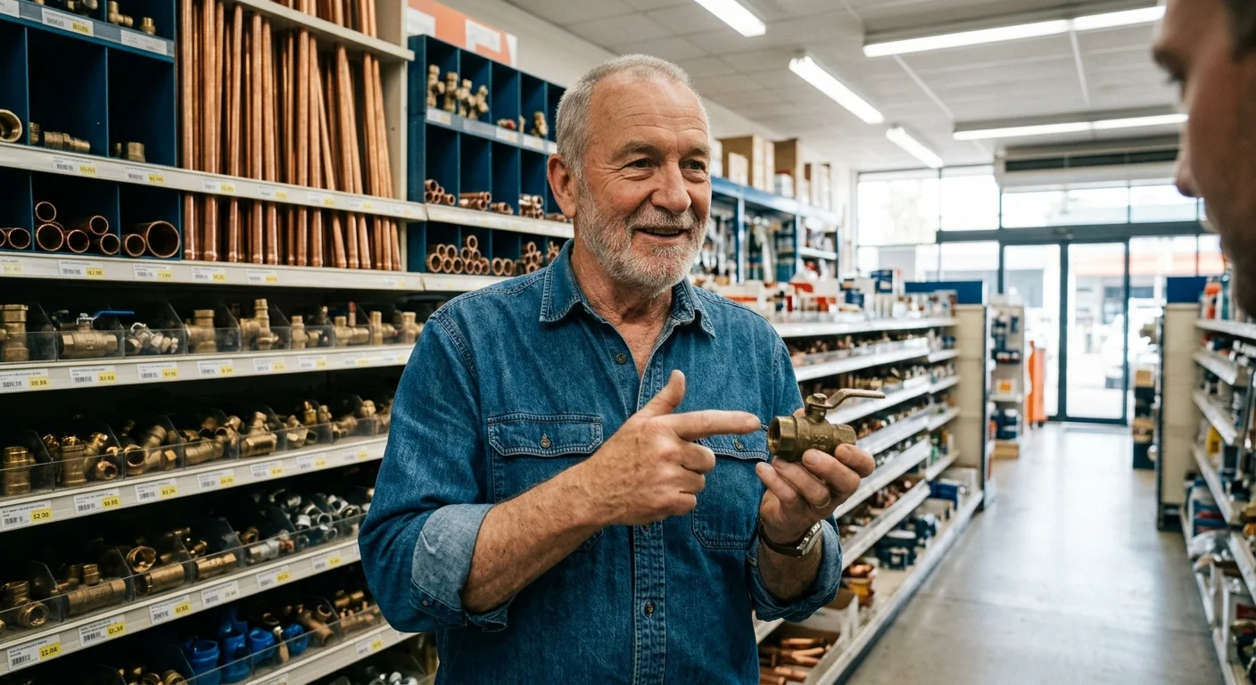 An older man in a denim shirt explains plumbing hardware in a store aisle, capturing a real moment of helpful customer service.