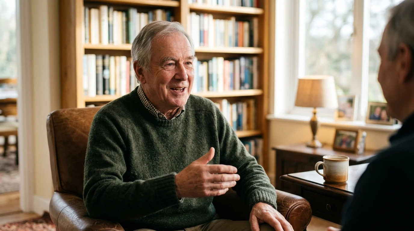 An older man in a green sweater talks attentively in a warm, sunlit living room.