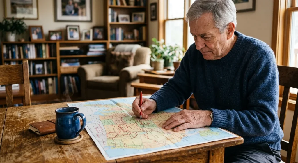 An older man in a navy sweater sits at a wooden table, thoughtfully studying a map of the United States with a pen in hand.