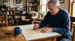 An older man in a navy sweater sits at a wooden table, thoughtfully studying a map of the United States with a pen in hand.