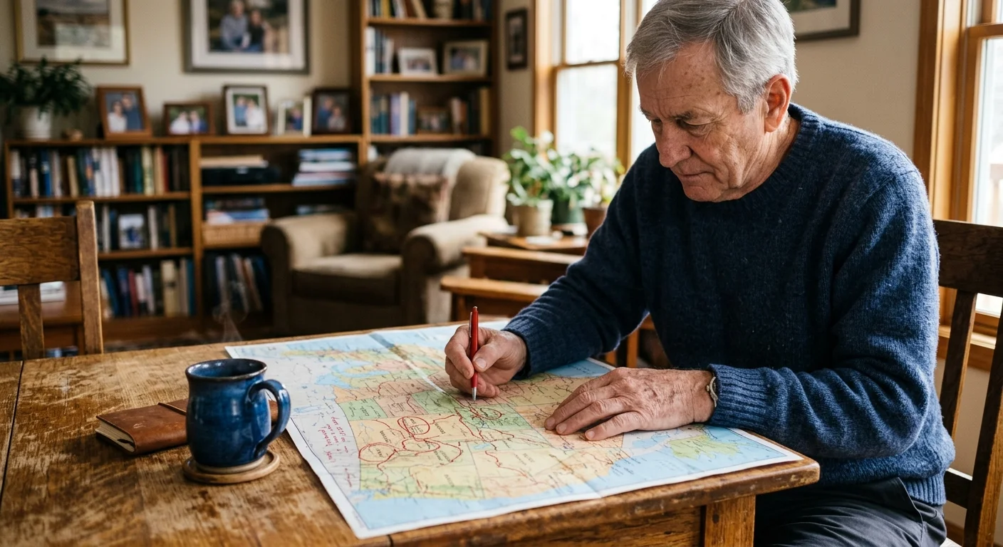 An older man in a navy sweater sits at a wooden table, thoughtfully studying a map of the United States with a pen in hand.