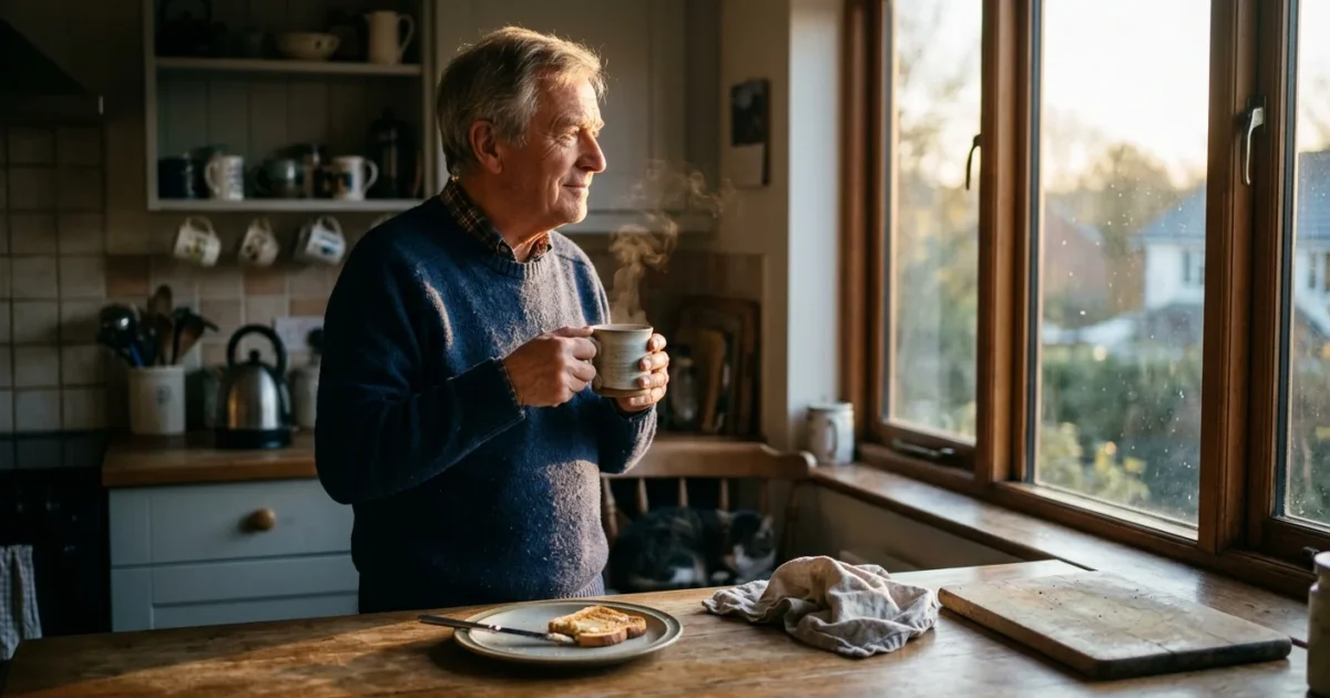An older man looking thoughtfully out his kitchen window during a quiet, golden morning, holding a warm ceramic mug.