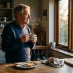 An older man looking thoughtfully out his kitchen window during a quiet, golden morning, holding a warm ceramic mug.