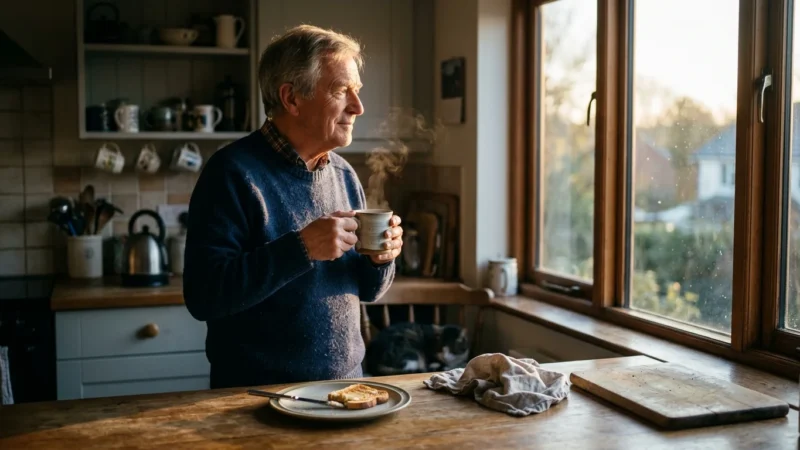 An older man looking thoughtfully out his kitchen window during a quiet, golden morning, holding a warm ceramic mug.