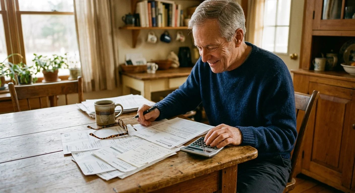 An older man reviews medical bills and financial papers at his warm kitchen table, with reading glasses and a tea mug nearby.