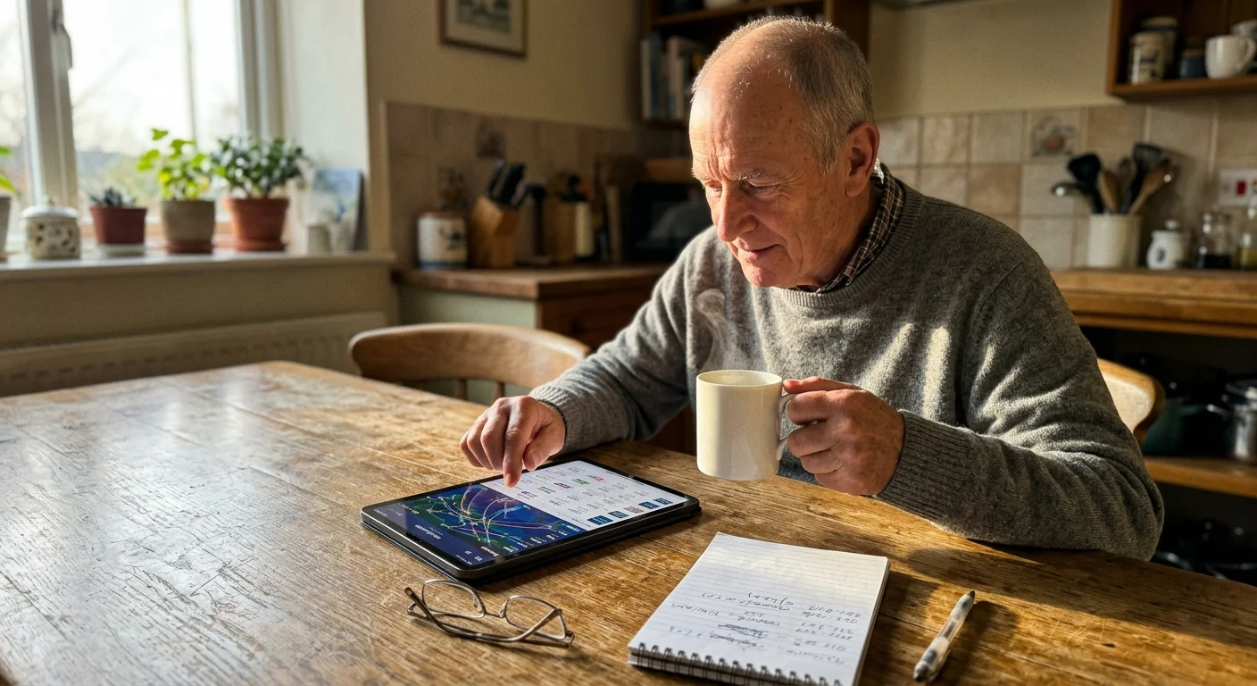 An older man sitting at his kitchen table in the morning, holding a coffee mug and researching flights on an iPad.