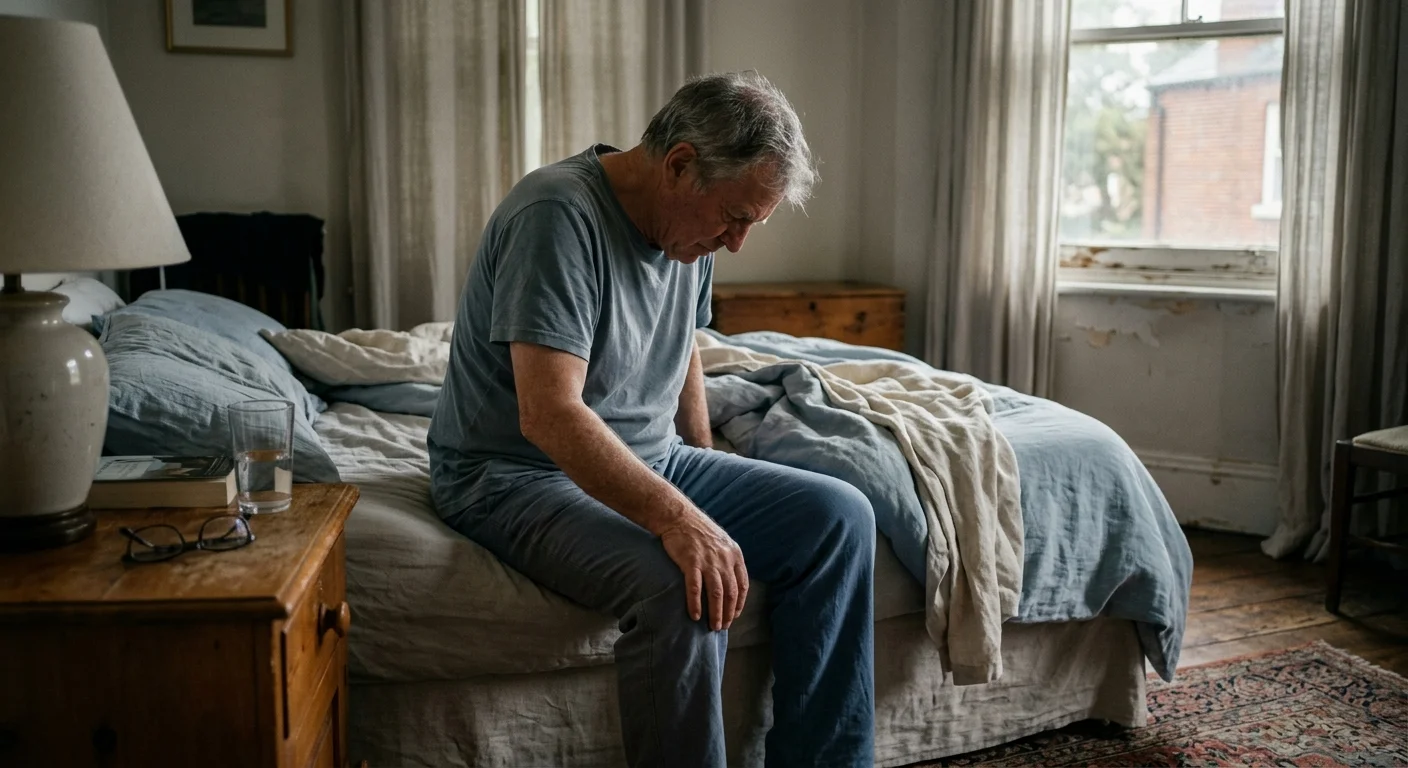 An older man sitting on the edge of his bed in a dimly lit room, showing signs of profound and unrelenting physical exhaustion.