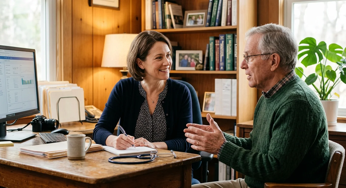 An older patient having a warm, collaborative conversation with a compassionate doctor in a comfortable consultation room.