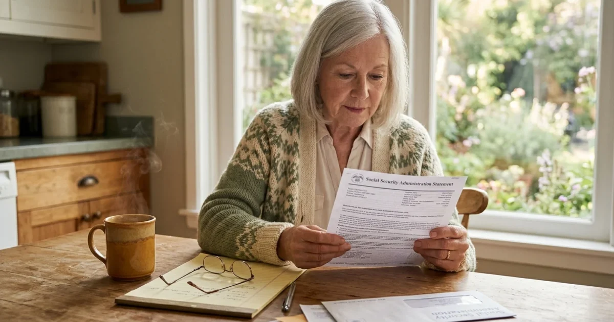 An older retired woman with silver hair sitting at her kitchen table, looking at a Social Security letter next to a warm cup of coffee.