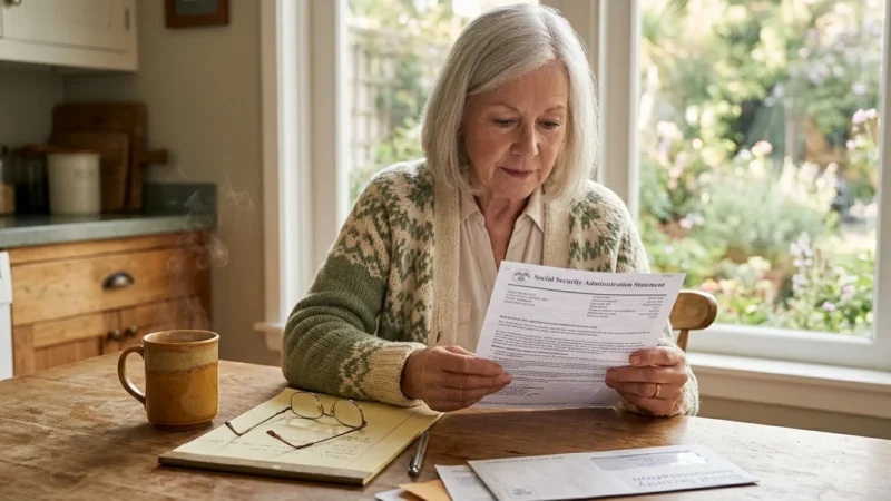 An older retired woman with silver hair sitting at her kitchen table, looking at a Social Security letter next to a warm cup of coffee.