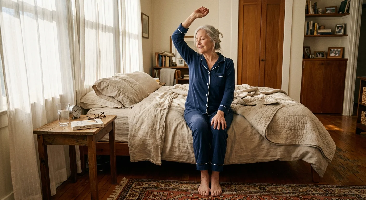 An older woman calmly sitting on the edge of her bed, doing a gentle morning stretch in her sunlit bedroom.