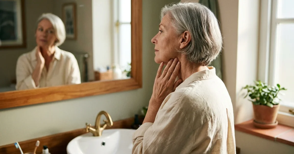 An older woman looks thoughtfully in her bathroom mirror, gently touching her neck under warm, natural morning light.
