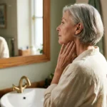 An older woman looks thoughtfully in her bathroom mirror, gently touching her neck under warm, natural morning light.
