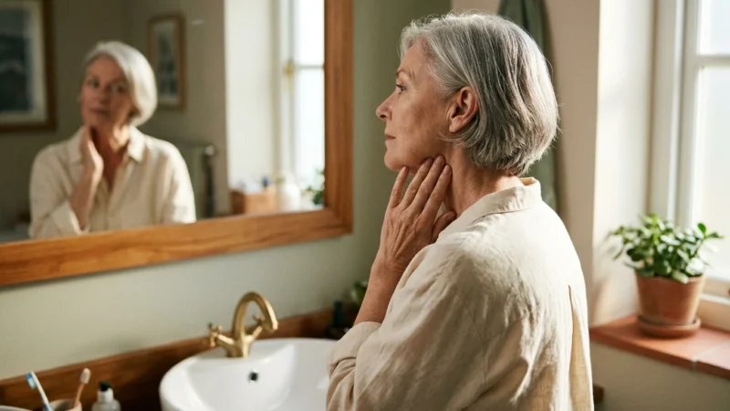An older woman looks thoughtfully in her bathroom mirror, gently touching her neck under warm, natural morning light.